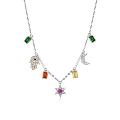 Diamondlite Cubic Zirconia "Mystique" Multi-coloured Stone Charm Necklace - Silver and Gold