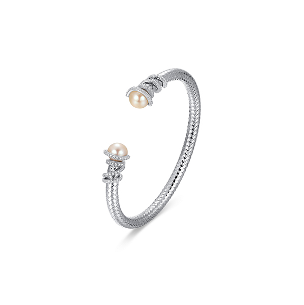 BR1Q1F3-W Sterling Silver "New Mesh" Genuine White Pearl & CZ Cuff Bangle