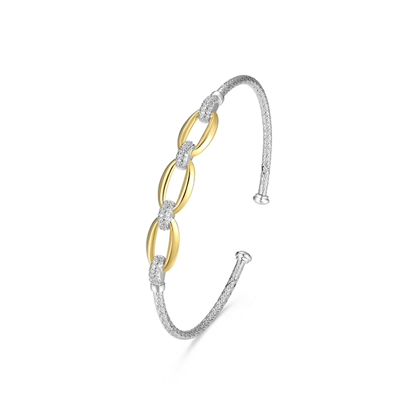 BR1Q1FS-2T Sterling Silver "Gleam" Oval -Link with CZ Mesh Cuff Bangle
