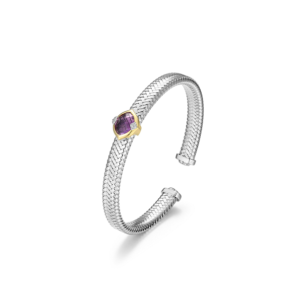 BR1Q1GC-2T Sterling Silver "Prism" Genuine Amethyst & CZ Mesh Cuff Bangle