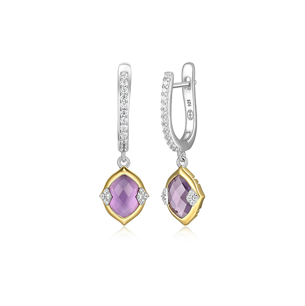 ER2Q0HR-2T Sterling Silver "Prism" Genuine Amethyst & CZ Hoop Earrings