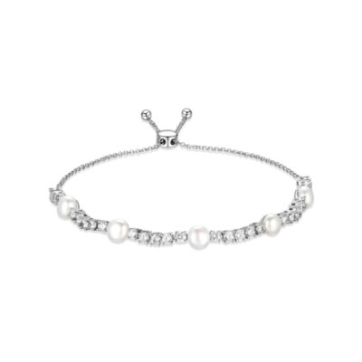 Diamondlite Cubic Zirconia Genuine Pearl Adjustable Bolo Bracelet - Silver