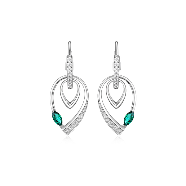 ELLE "Swing" Emerald and Pave Cubic Zirconia Double Pear Shape Dangle Earrings - Silver