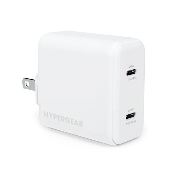 HyperGear Wall Charger 2 Port 40W - 2x USB-C 20W Ports PPS Fast Charging - Foldable Prongs - White
