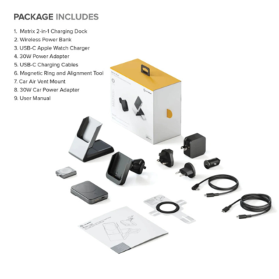 Alogic Qi Charging Stand or Dock 3-in-1 Phone -15W-  and  Airpods -5W-  and  Apple Watch Charger -2W- with 30W Wall  and  Car Charger USB-C Car Cradle Vent Clip - Black