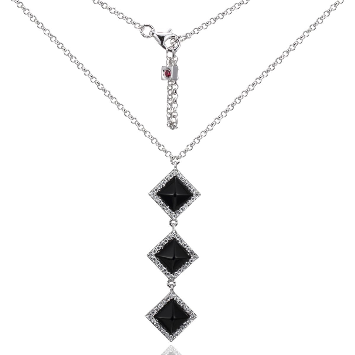 ELLE Nefer Black Agate and Cubic Zirconia Triple Pyramid Necklace  - Silver
