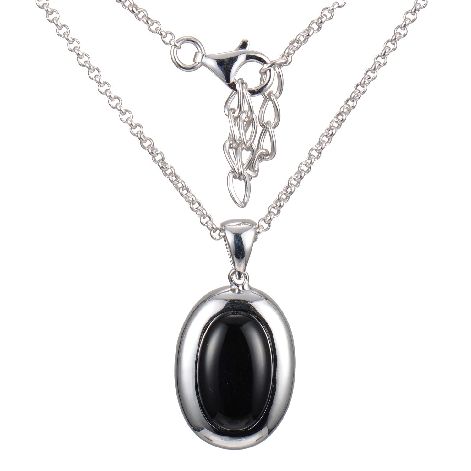 ELLE Posh Black Agate Oval Pendant Necklace - Silver