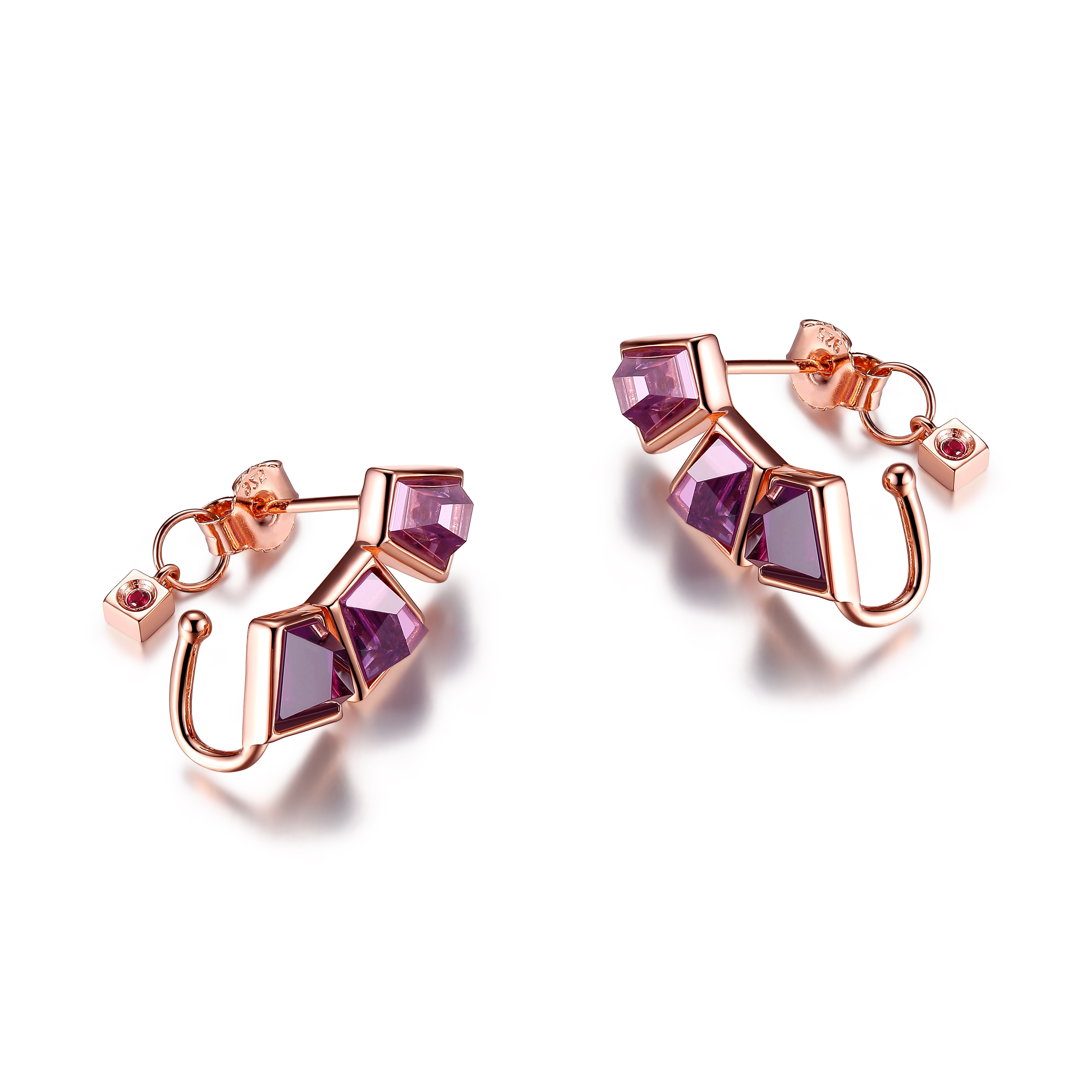 ELLE Paradox Triple Purple Red Cubic Zirconia Post and Cuff Earrings - Rose Gold