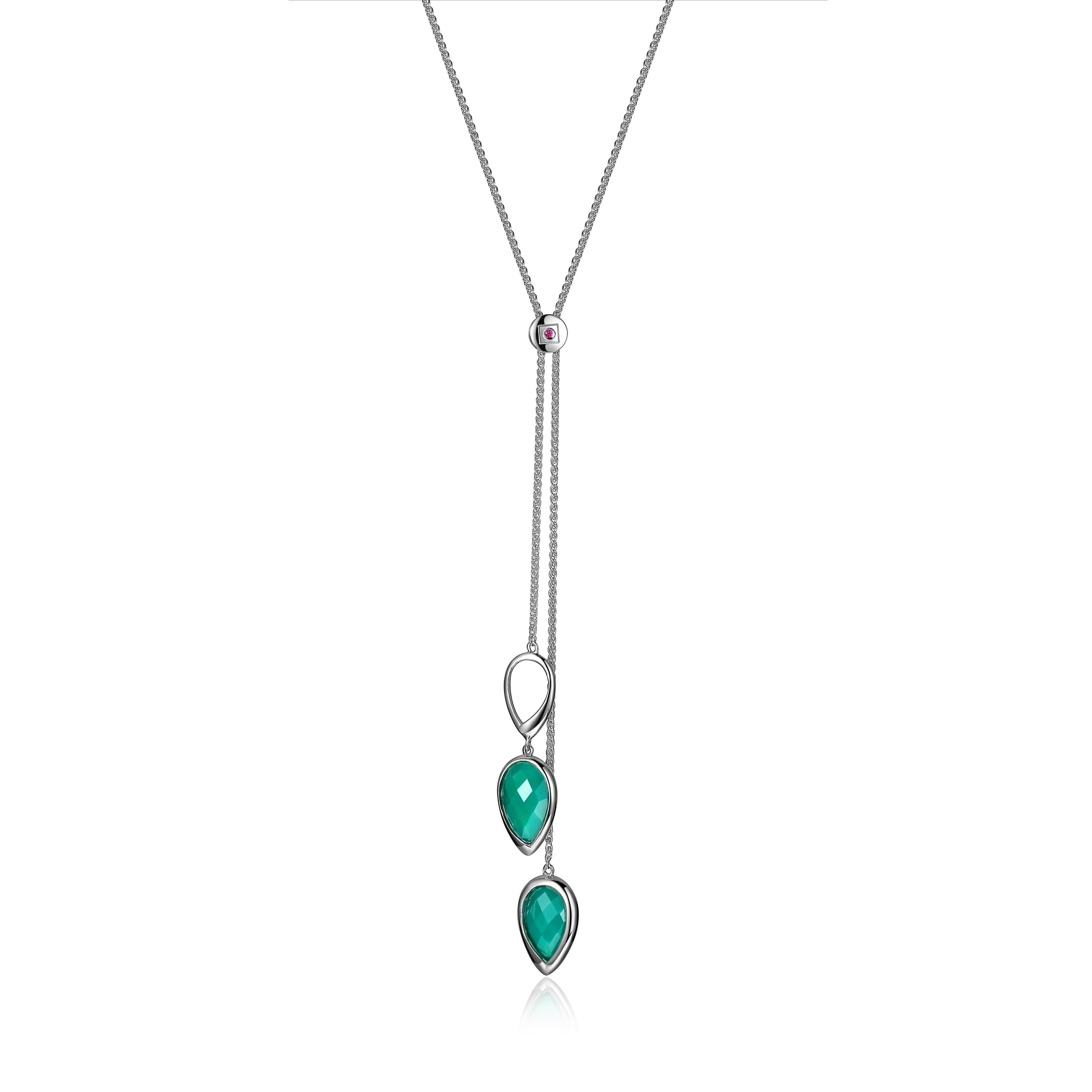 ELLE Blink Checkerboard Pear Shaped Green Chrysoprase Necklace - Silver