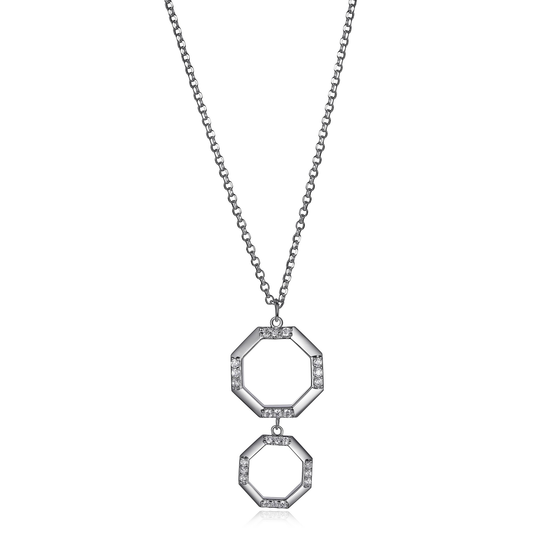 ELLE Edge Cubic Zirconia Double Octagon Necklace - Silver