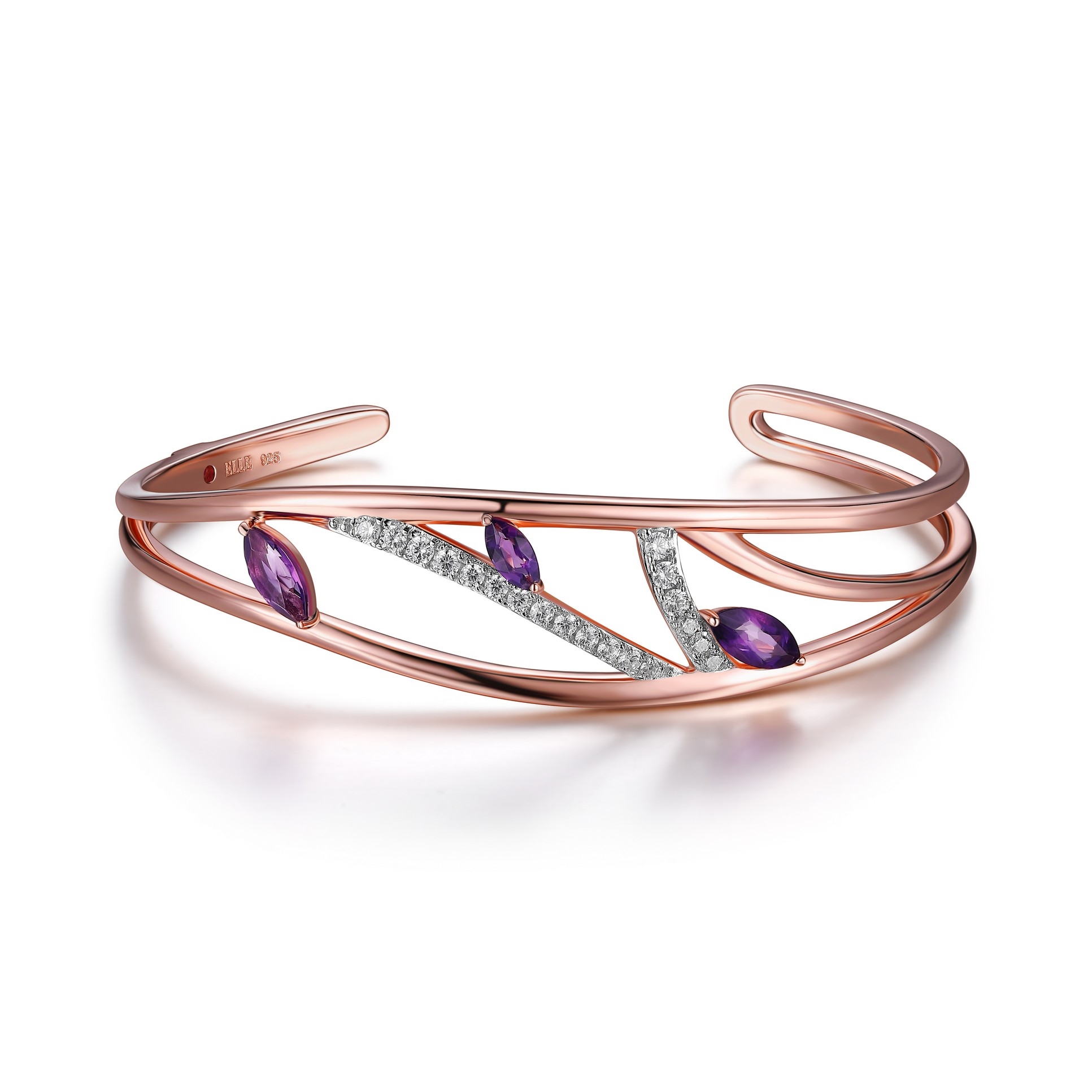 ELLE Moon Shadow Amethyst and Cubic Zirconia Open Cuff Bangle - Rose Gold
