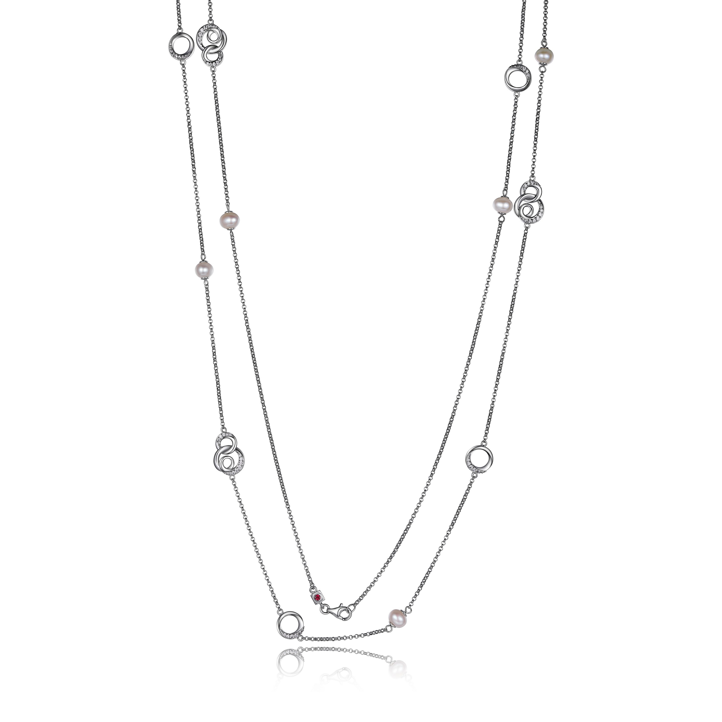 ELLE Majestic Long Infinity White Pearl Station Necklace - Silver