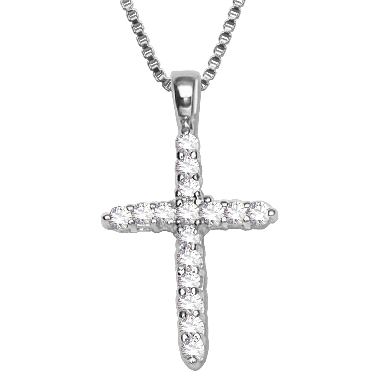 ELLE Cubic Zirconia Cross Pendant Box Chain Necklace - Silver
