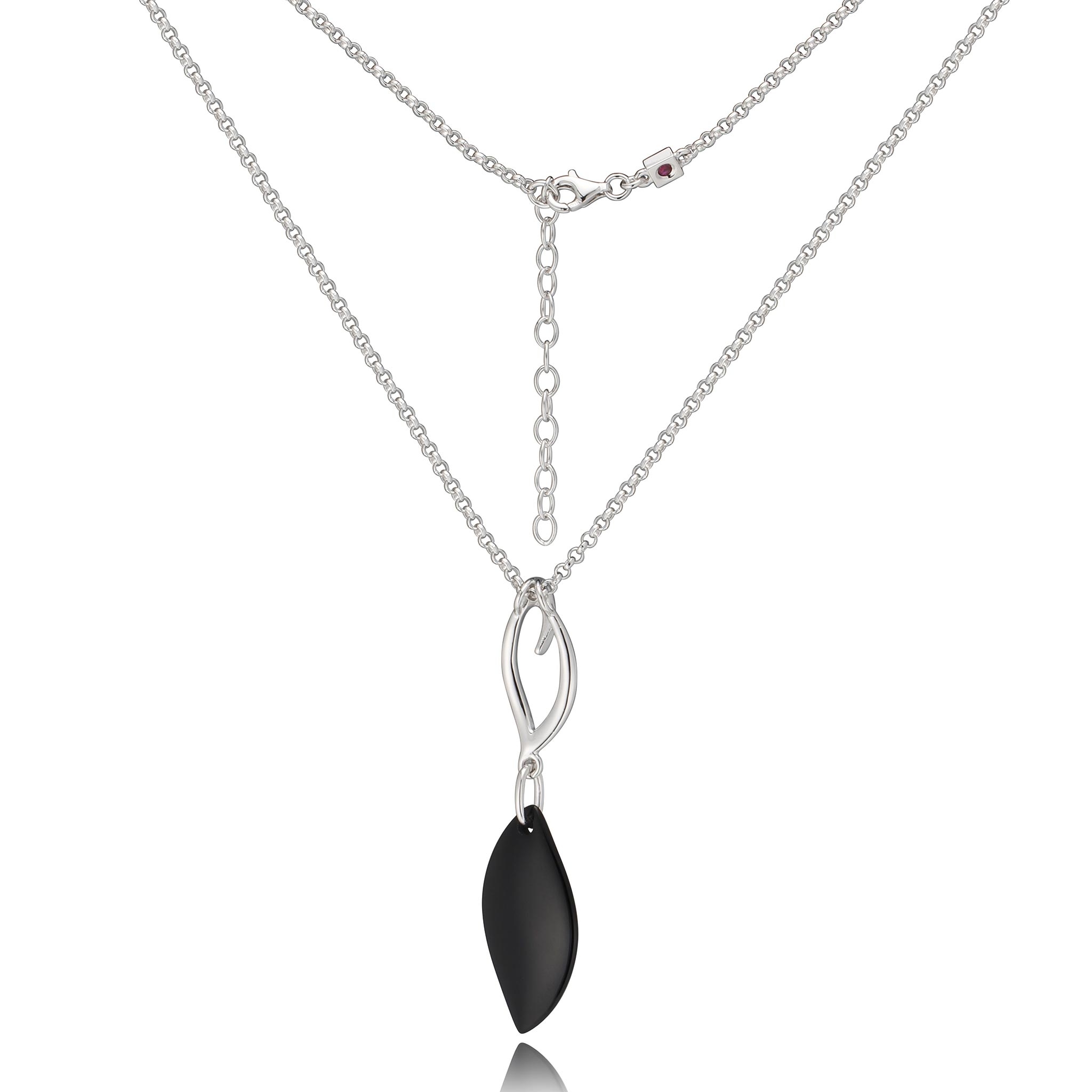 ELLE Waves Black Agate Leaf Necklace - Silver
