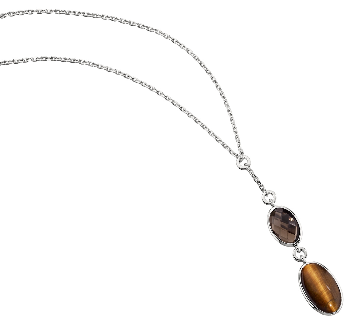 ELLE Chocolait Tiger Eye and Smoky Quartz Necklace - Silver