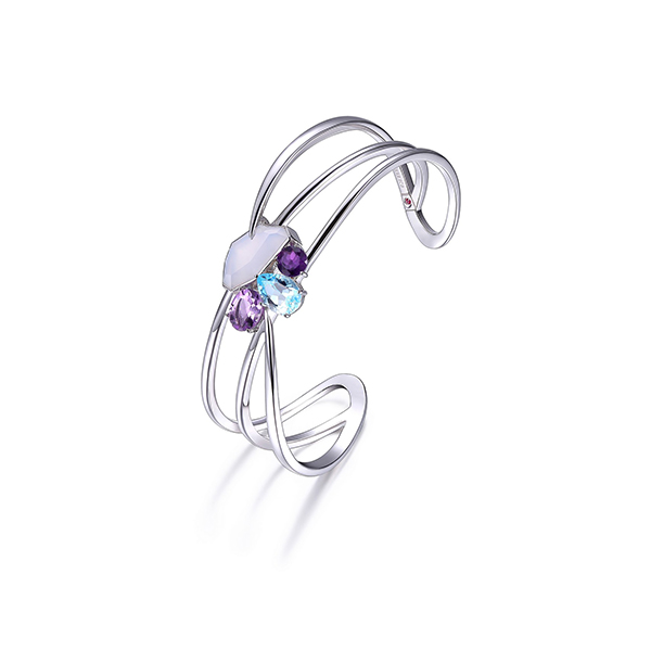 ELLE Bouquet Chalcedony, Amethyst and Quartzite Open Cuff Bracelet Size 7.25 - Silver
