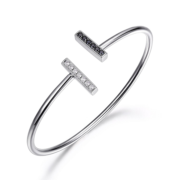 ELLE Tuxedo Black Nano and Cubic Zirconia Flexible T Cuff Bracelet Size 6.75 - Silver