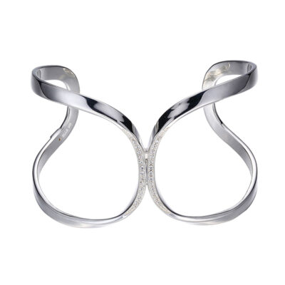 ELLE River Cubic Zirconia Ribbon Open Cuff Bangle Size 6.75 - Silver
