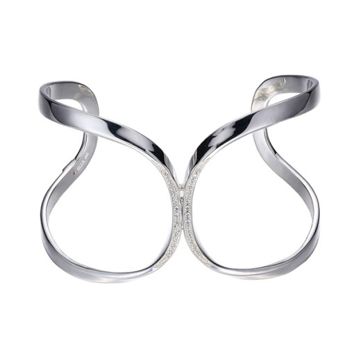 ELLE River Cubic Zirconia Ribbon Open Cuff Bangle Size 6.75 - Silver