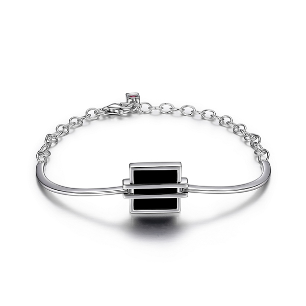 ELLE Midnight Square Black Agate Bracelet Size 7.5 - Silver