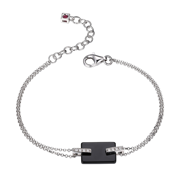 ELLE Midnight Black Agate and Cubic Zirconia Bracelet 6.75 - Silver