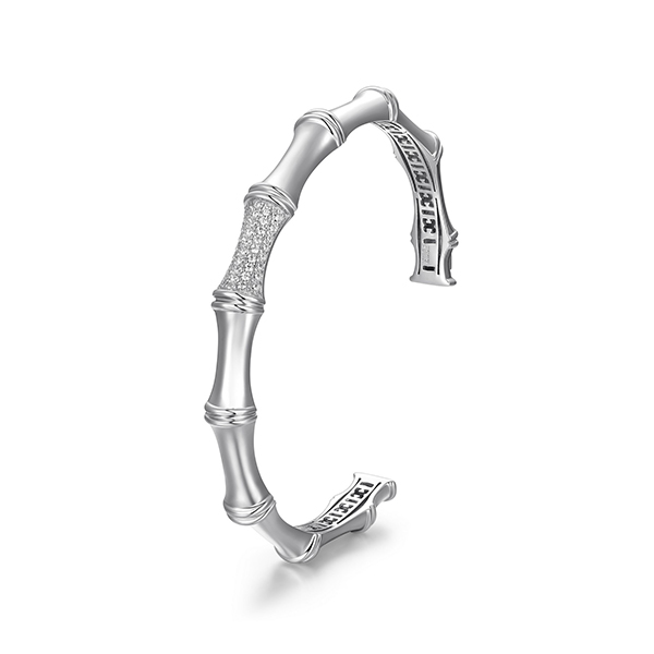 ELLE Bamboo Cubic Zirconia Wide Cuff Size 6.75 - Silver