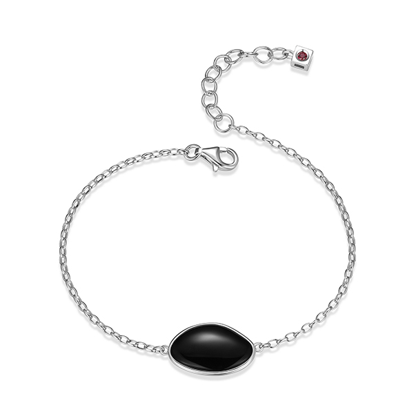 ELLE Pebble Black Agate Triangle Bracelet Size 6.75 - Silver