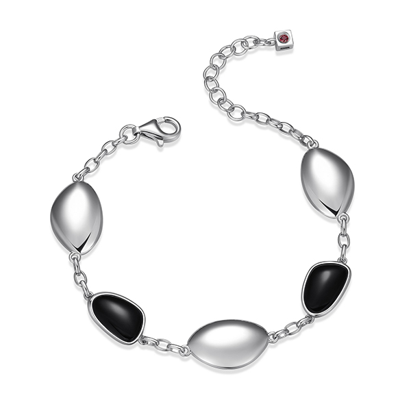 ELLE Pebble Black Agate Triangle Station Bracelet Size 6.75 - Silver