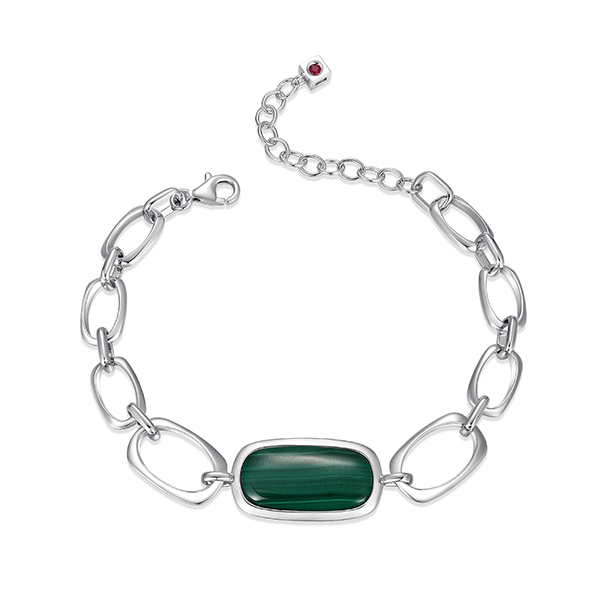 ELLE Allure Malachite Emerald Cushion Link Bracelet Size 6.5 - Silver