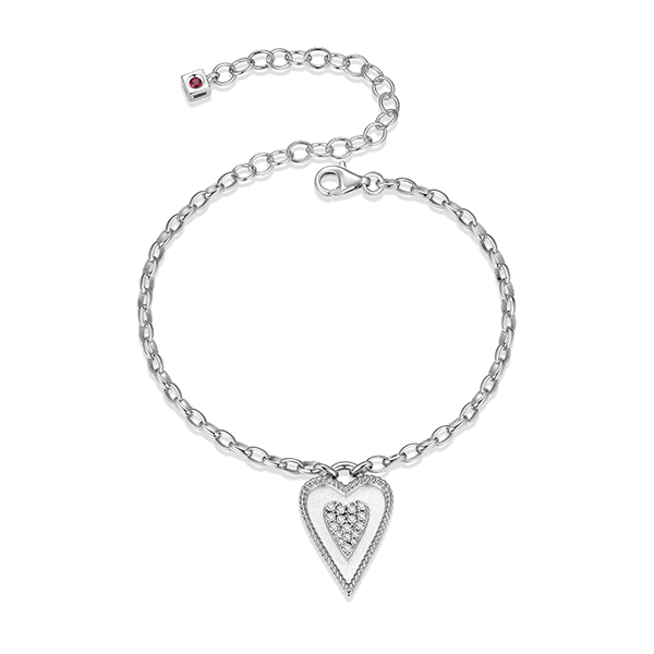 ELLE Long Love Cubic Zirconia Elongated Heart Rolo Bracelet Size 6.5 - Silver
