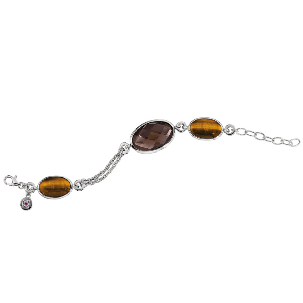 ELLE Chocolait Smoky Quartz and Tiger Eye Bracelet Size 7.75 - Silver