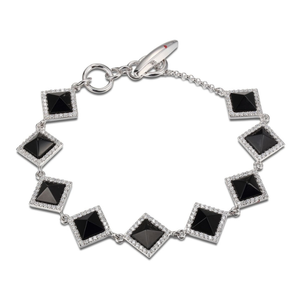 ELLE Nefer Cubic Zirconia and Black Agate Pyramid Bracelet Size 7 - Silver