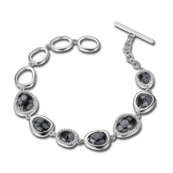 ELLE Halo Snowflake Obsidian  Cubic Zirconia Toggle Bracelet Size 7.5 - Silver