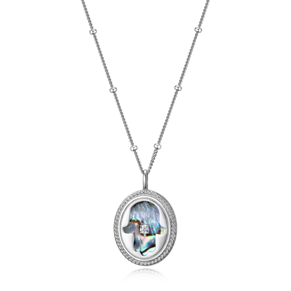 ELLE Protec Me  Hamsa Abalone Shell and CZ Necklace - Silver