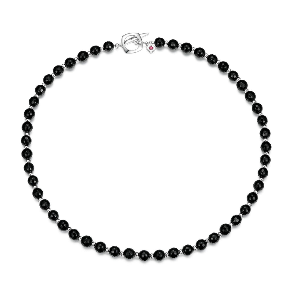 ELLE Gem Clip Black Agate Bead Toggle Necklace - Silver