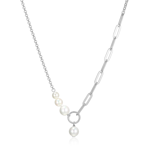 ELLE Gem Clip White Shell Pearl Necklace - Silver