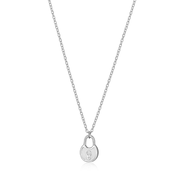 ELLE Lock and Key Cubic Zirconia Fine Matte Finish Pendant Necklace - Silver