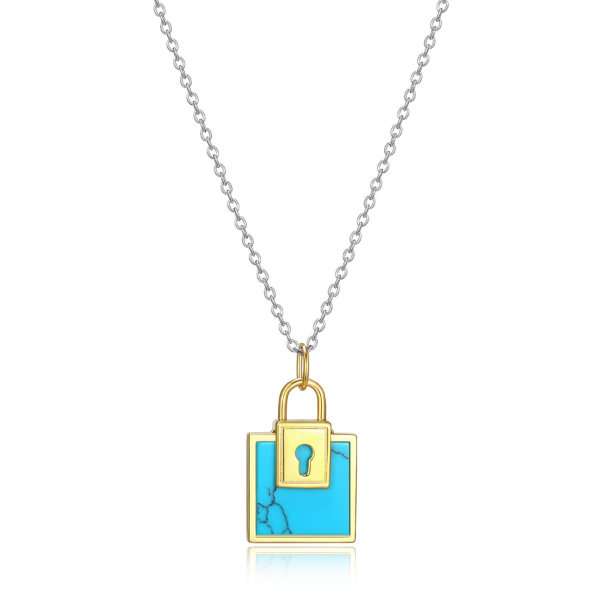 ELLE Lock and Key Created Turquoise Pendant Two Tone Necklace - Silver