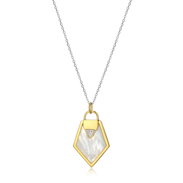 ELLE Lock and Key Mother of Pearl Pendant Two Tone Necklace - Silver