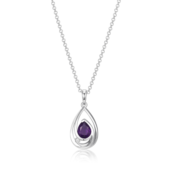 ELLE Purity Pear Shape Amethyst Diamond Pendant Necklace - Silver