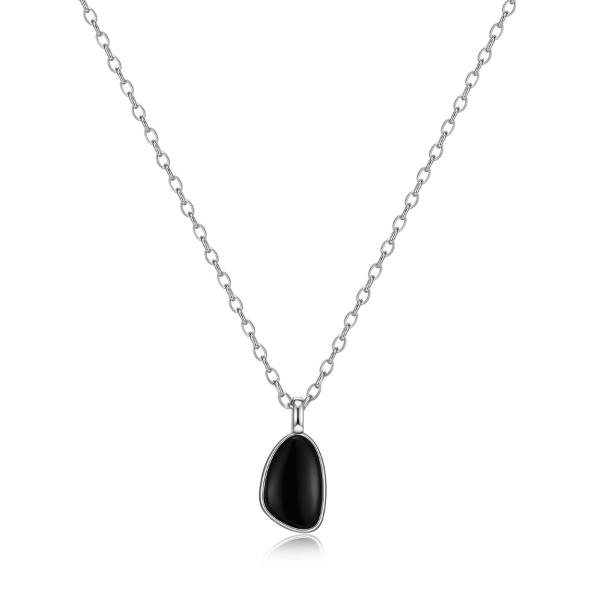 ELLE Pebble Black Agate Triangle Pendant Necklace - Silver