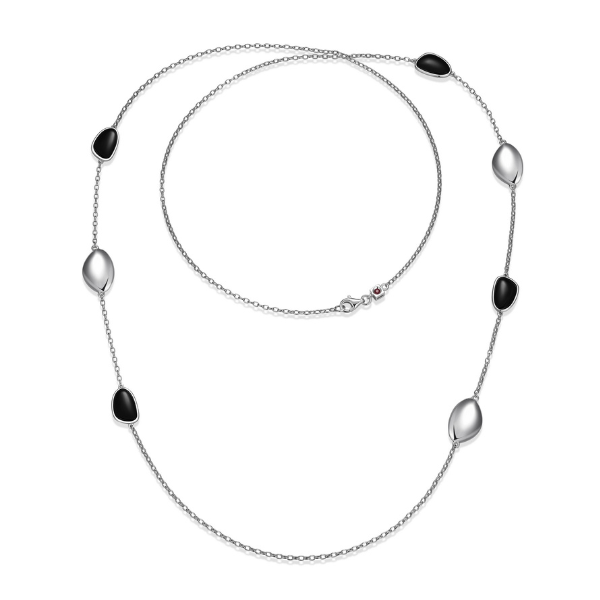 ELLE Pebble Black Agate Long Station Necklace - Silver