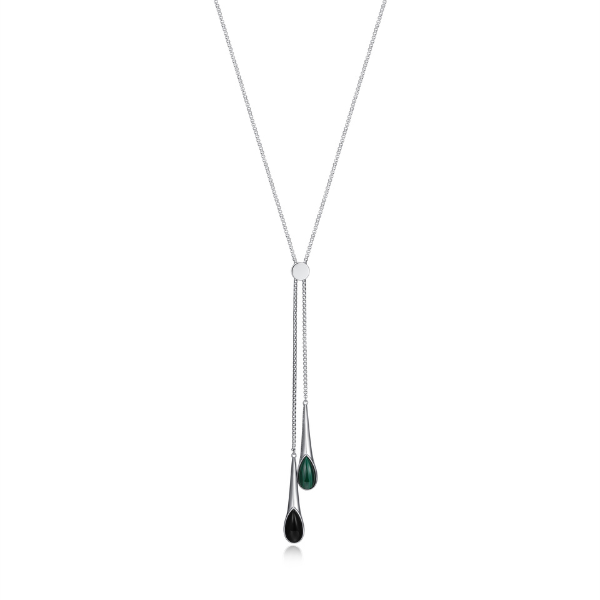 ELLE Ethereal Drops Malachite and Black Agate Pendant Necklace - Silver