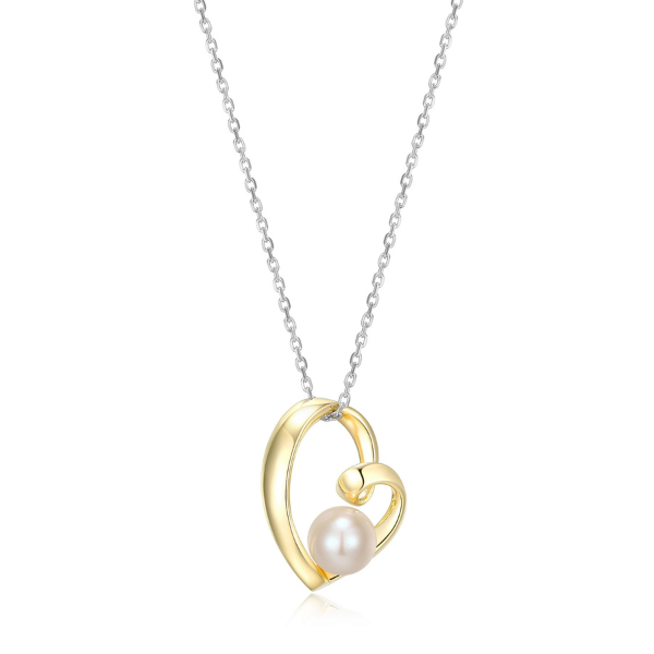 ELLE Amour White Pearl Swirl Heart Pendant Two Tone Necklace