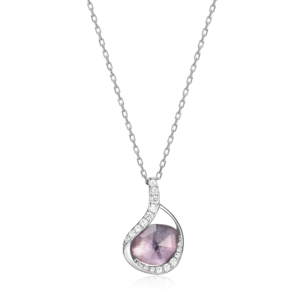 ELLE Treasure CZ Crystal and Amethyst Oval Pendant Necklace - Silver