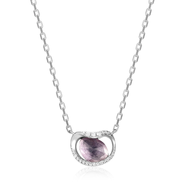 ELLE Treasure CZ Crystal and Amethyst Kidney Shape Pendant Necklace - Silver