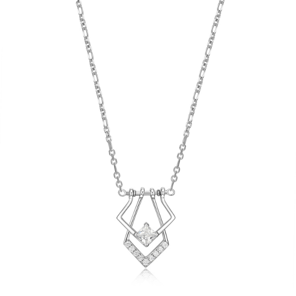 ELLE Art Deco Cubic Zirconia Geometric Princess Necklace - Silver