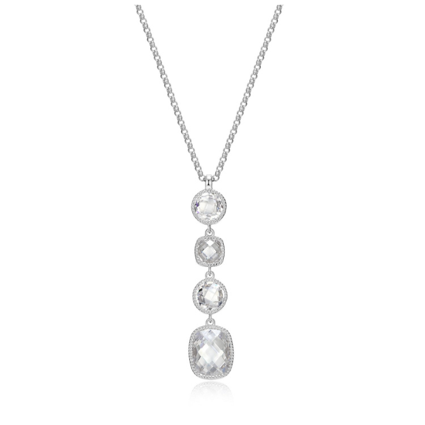ELLE Essence Cubic Zirconia Checkered Cut Drop Necklace - Silver