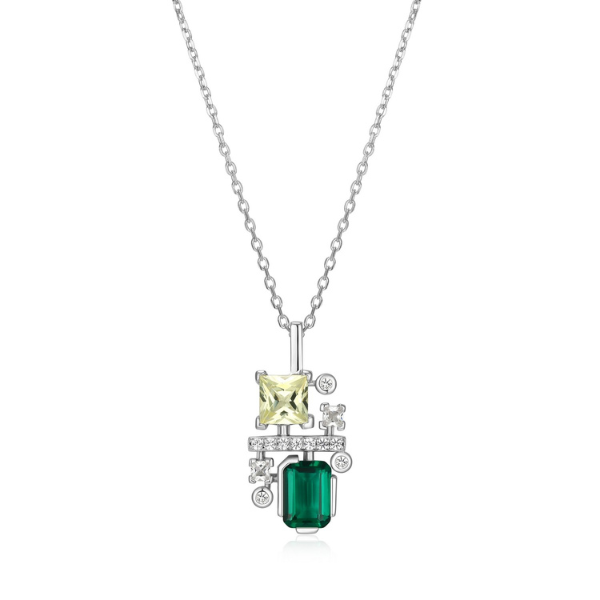 ELLE Puzzle Multi-Shape Created Emerald and Sapphire Pendant Necklace - Silver