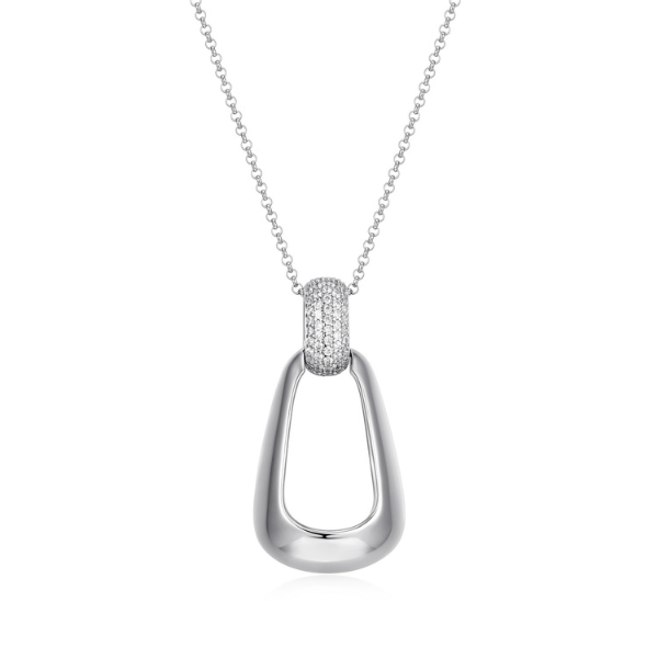 ELLE Citadel Cubic Zirconia Oblong Pendant Long Necklace - Silver